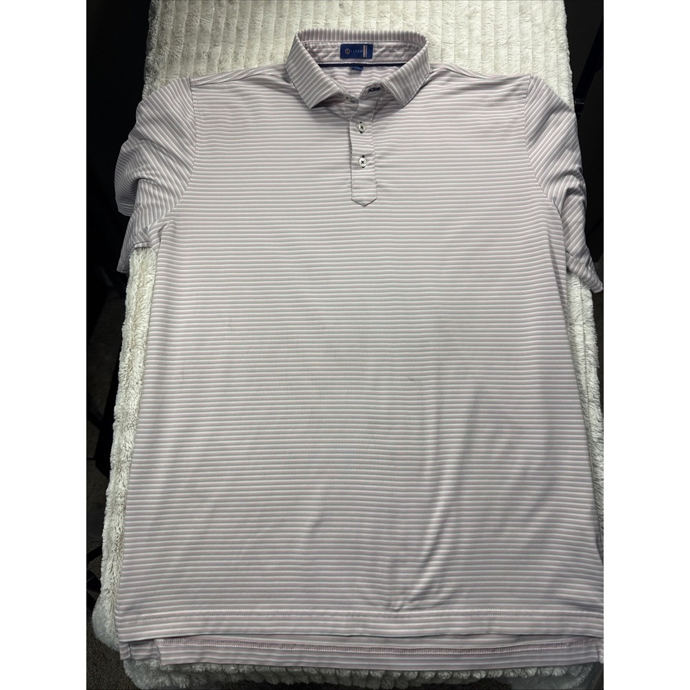 Stitch Mens Large Shirt Golf Polo Pink White Stripe Performance Stretch EUC